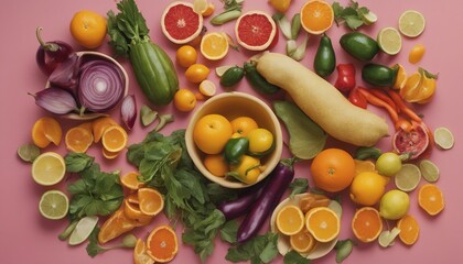 Fruit salad with oranges, lemons, jalapenos (peppers), ginger root and fresh herbs arranged in bowls.