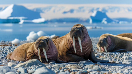 A group of walruses sunbathing on a rocky beach in Alaska, against a backdrop of blue ice and clear skies, showing the distinctive details of walrus teeth and skin. 