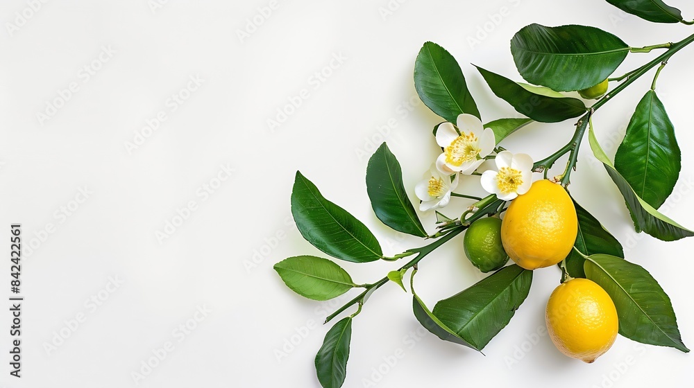 Poster lemon with green leaves and flower on tree branch isolated on white background : generative ai