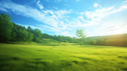 Fototapeta premium a wide shot of an open green grass field with trees far in the background 