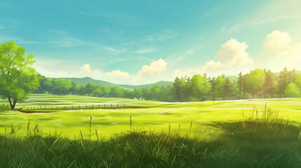 Obraz premium a wide shot of an open green grass field with trees far in the background 