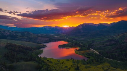 Stunning Sunset Over Majestic Mountain Lakes with Serene Forested Landscape