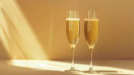 Close up of two glasses of champagne on sunny beige background