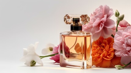 A beautiful perfume bottle surrounded by fresh flowers, creating a luxurious and elegant scene.