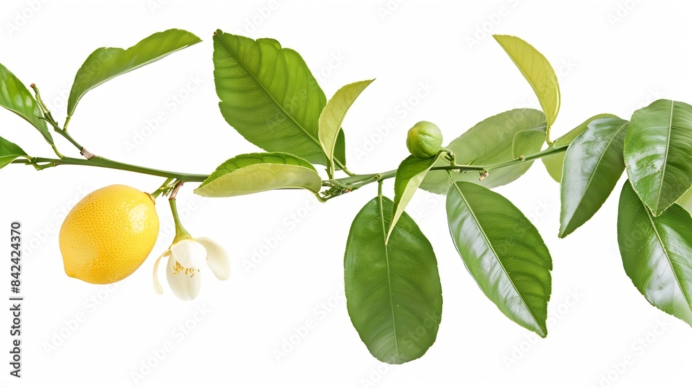 Poster lemon with green leaves and flower on tree branch isolated on white background : generative ai