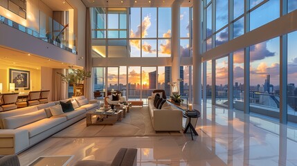 Luxurious penthouse with floor-to-ceiling windows, offering breathtaking skyline views and unparalleled comfort.