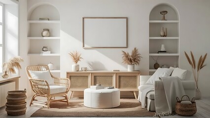 poster frame mock up in living room interior in white tones, 3d rendering