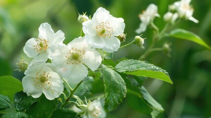 Fototapeta premium Blackberry Blooms White Flowers in the Dewberry Garden
