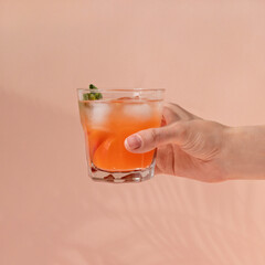 Refreshing peach fruit mocktail with ice and mint, hand holding glass with orange juicy soft drink...