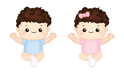 Cute boy and girl sit position watercolor style