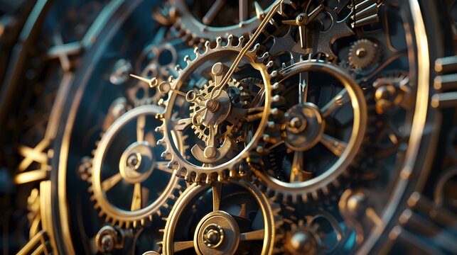 3D render of a detailed mechanical clock with moving gears and hands