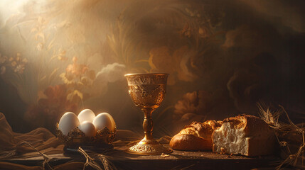 Golden chalice with wine, bread and eggs in divine light