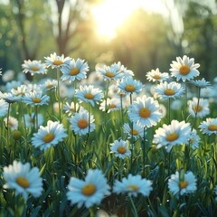 Fototapeta premium Serene Daisy Field in High Definition Light and Shadow with Forest Background for Relaxing Nature Photography