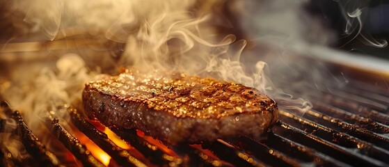 A juicy steak sizzling on a grill, smoke rising, at eye level to feel the heat and intensity of the cooking process,
