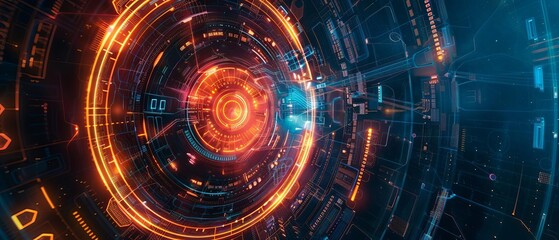 Obraz premium A mesmerizing birds-eye view of a futuristic password interface, with glowing elements in a digital painting style,