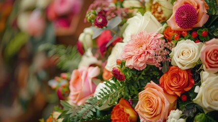 Coffin with a flower arrangement close up, funeral arrangement close up