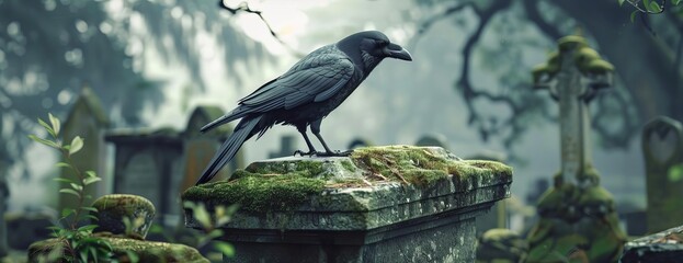Fototapeta premium Tilted angle view, sleek crow with glistening feathers on moss-covered gravestone, abandoned historic cemetery, ornately designed tombstones, overcast atmosphere, CG 3D, dramatic lighting, eerie silen