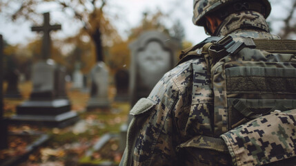 A soldier in military uniform wearing a helmet at a military cemetery. A veteran's shoulder against the background of graves.