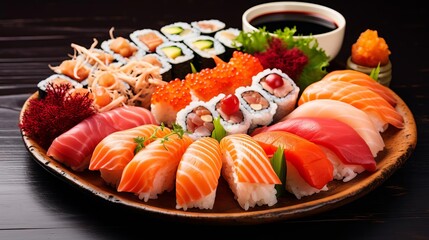 A plate of fresh sushi with various toppings and dipping sauce