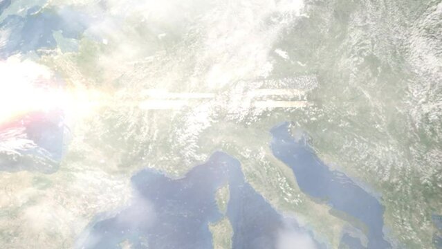 Zoom in from space and focus on Saronno, Italy. 3D Animation. Background for travel intro. Elements of this image furnished by NASA	