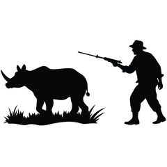 Vector illustration EPS 10 vector silhouette black color illustration of a man hunting rhinoceros in the wild