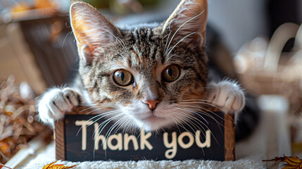 Cat's gratitude. The cat lies face down on wooden sign with the inscription 