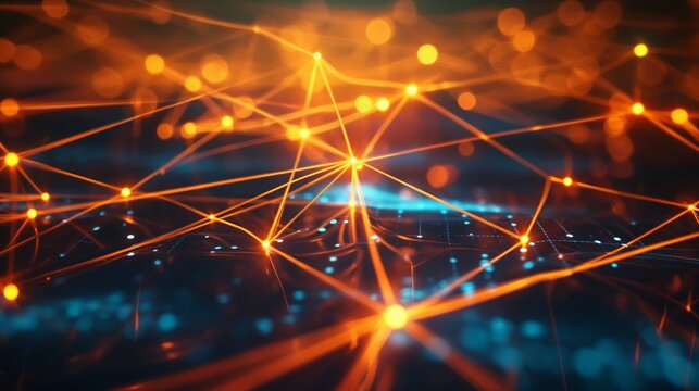 Artistic illustration of a network with glowing nodes and connections symbolizing data, technology, and connectivity