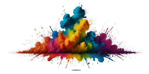 Multicolored rainbow explosion of cloud powder paint holi decoration isolated on transparent background. Vector abstract colorful rainbow holi paint festival background.