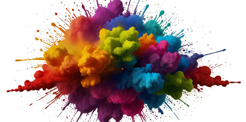 Multicolored rainbow explosion of cloud powder paint holi decoration isolated on transparent background. Vector abstract colorful rainbow holi paint festival background.