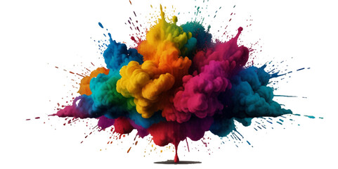 Multicolored rainbow explosion of cloud powder paint holi decoration isolated on transparent background. Vector abstract colorful rainbow holi paint festival background.