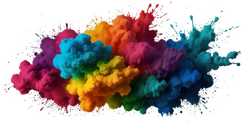Vector colorful vibrant rainbow, smoke and cloud holi paint color powder explosion with bright colors isolated  on transparent background. Multicolored explosion of rainbow powder paint holi festival 