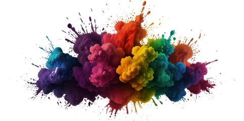 Vector colorful vibrant rainbow, smoke and cloud holi paint color powder explosion with bright colors isolated  on transparent background. Multicolored explosion of rainbow powder paint holi festival 