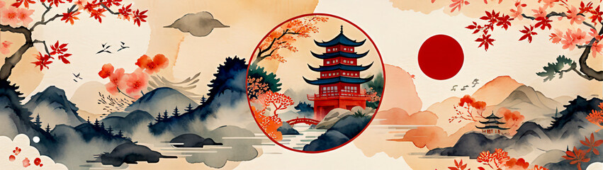 A background with a traditional Japanese icon and pattern modern. A watercolor texture in Chinese style. A circle object banner illustration.