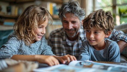 a man and two children are sitting at a table reading a book together