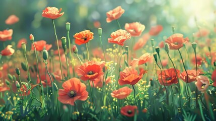 Fototapeta premium Blooming poppy flowers in a spring garden