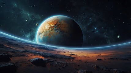 Fantasy space illustration with planets and stars, unique astronomical abstract background wallpaper