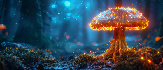 Tall bioluminescent mushroom emitting a vibrant glow in a densely packed dark forest