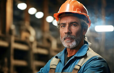 Portrait of Caucasian American steel worker in a factory.