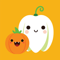 cute Halloween design, with a cute pumpkin and a little cute ghost vector illustration eps 10