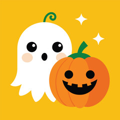 cute Halloween design, with a cute pumpkin and a little cute ghost vector illustration eps 10