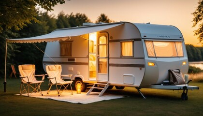 attractive caravan parked at the cottage, lighted and with camping chair awning and furniture,
