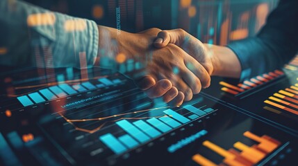 The image depicts a handshake in the forefront with a superimposed layer of financial data graphics, merging human and digital aspects of business