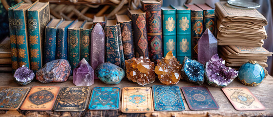 Tarot cards and crystals arranged in a mystic scene