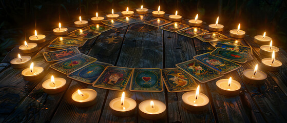Obraz premium Tarot cards arranged in a horseshoe spread with candles