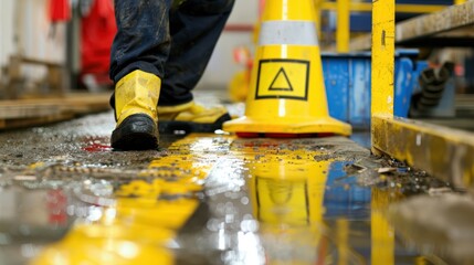 Fototapeta premium Accident on site. Construction worker has an accident a slip-and-fall accident on a wet floor at a construction site, accident while working, Focus is on the fallen worker and the immediate danger