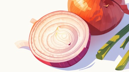An illustration of a single onion being sliced showing its rings is showcased distinctly against a white background in a sleek and modern flat 2d style