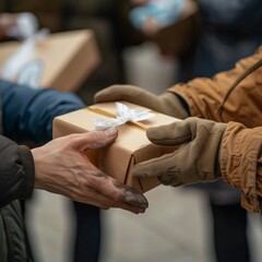Fototapeta premium Close-up of a volunteer's hands handing out care packages to residents in need. Job ID: 8e6b2aa8-1d1c-4802-a2cd-269f36027603