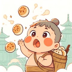 Fototapeta premium Little boy playing with steamed pork buns