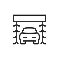 Car in automatic wash, linear style icon. Car with spinning brushes on sides. Editable stroke width