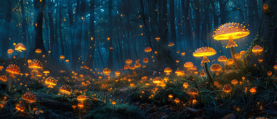 The dark forest floor illuminated by a single vibrant glowing bioluminescent mushroom